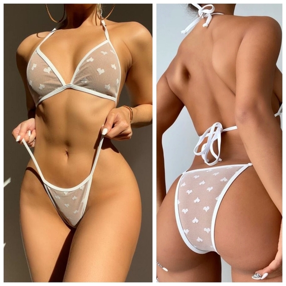 Heart Pattern Mesh Bikini Set Micro Triangle Bra Top & Thong Size Small NWOT - Picture 2 of 7